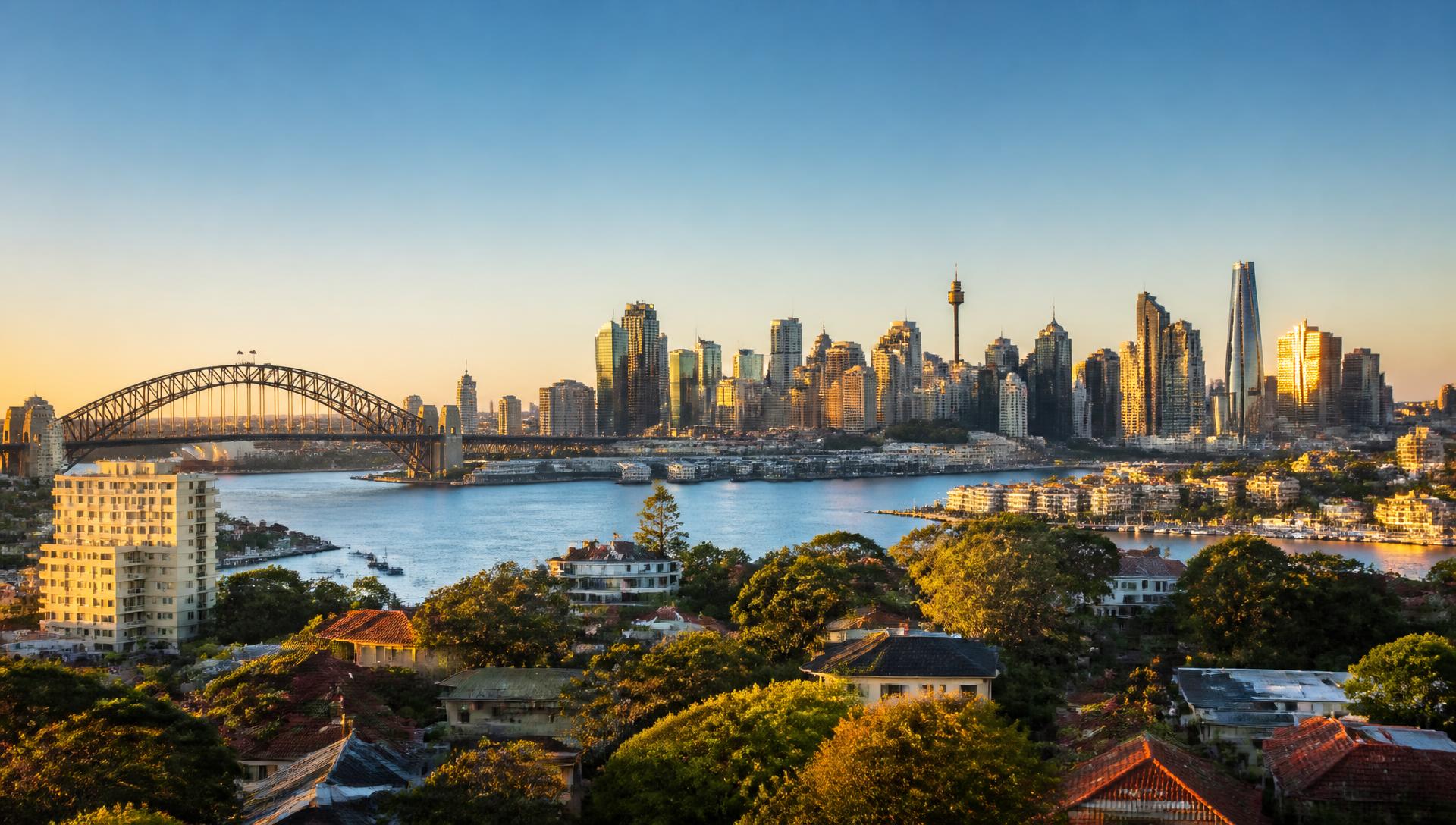Sydney harbour skyline at golden hour